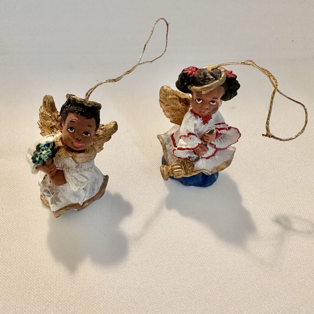 Lot 2 African American Angels Cherub Children Kid Christmas Ornaments Small